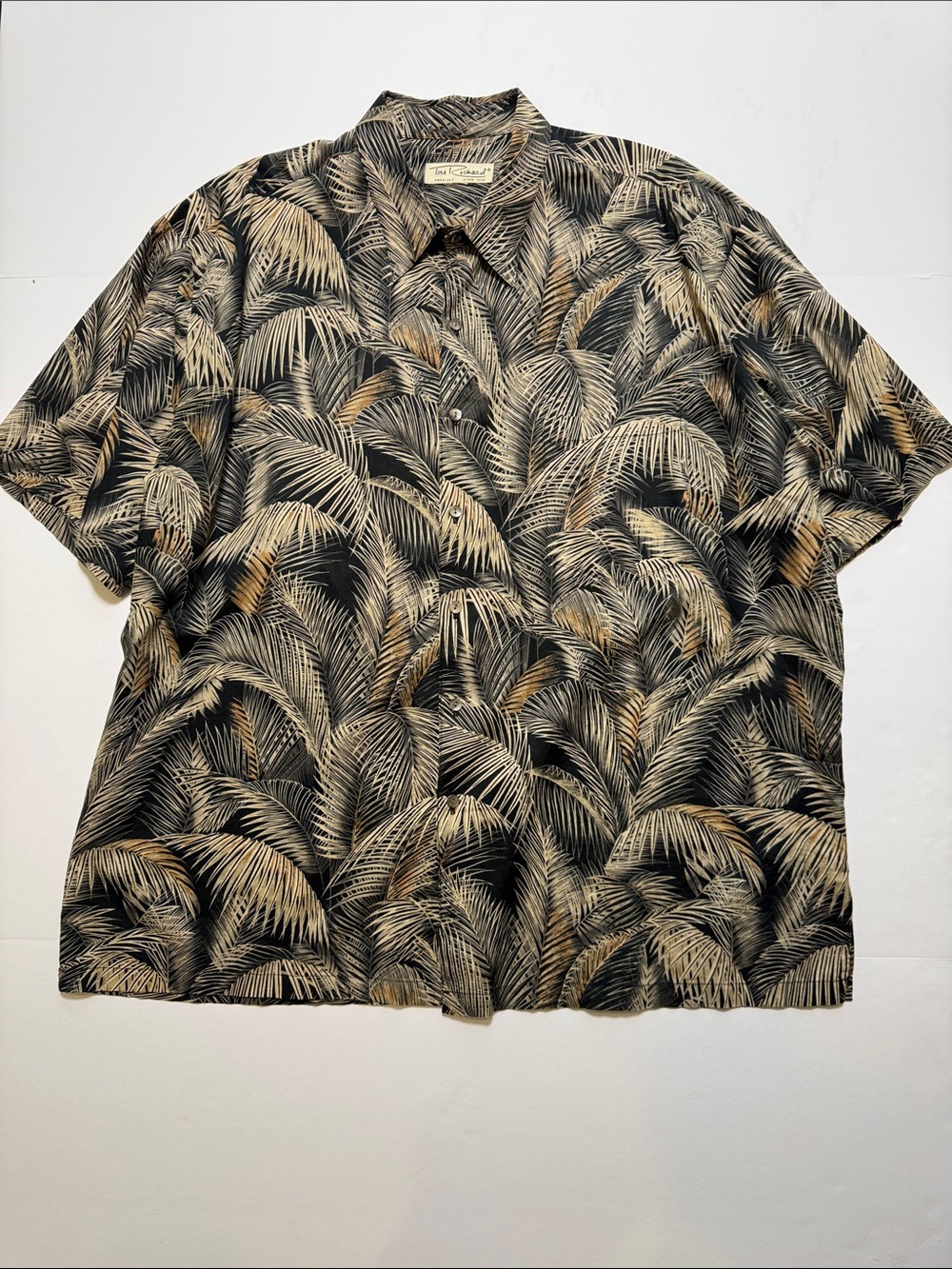 TORI RICHARD Men's Vintage Honolulu Black Tan Palm Print Short-Sleeve Shirt 2XL